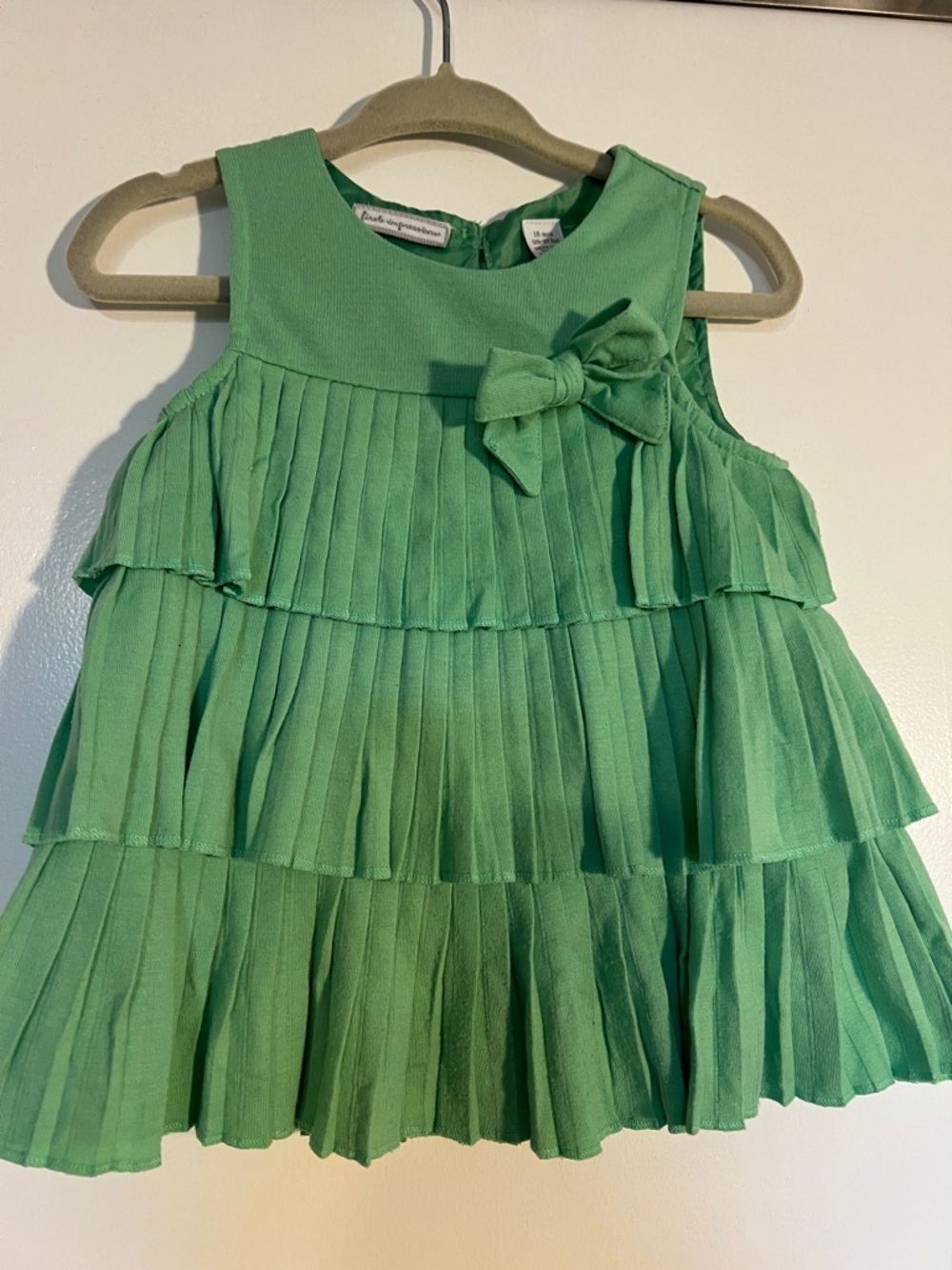 First Impressions Green Pleated Bow-Accent Girls' Dress